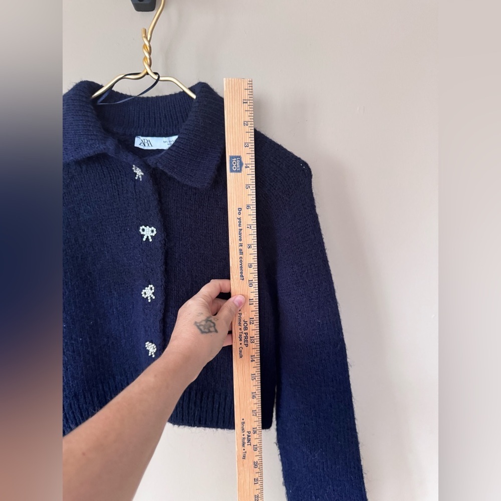 ZARA Cropped Knit Cardigan with Rhinestone Bow Buttons Size S - Picture 8 of 10